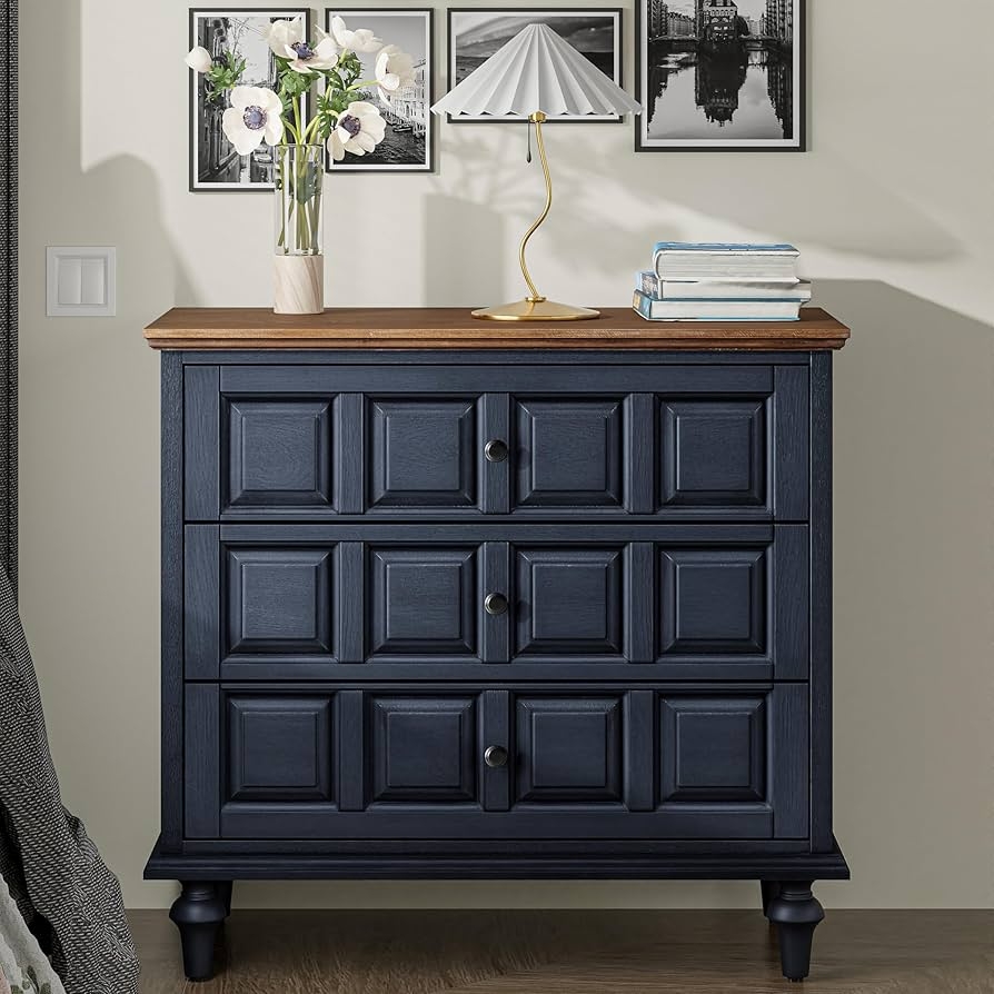 Dresser Grid Pattern Front Two Tone Top Navy Blue Paneled Dresser