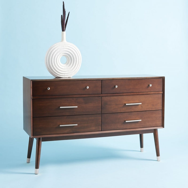 Dresser Mixed Hardware Metal Capped Leg Furniture Walnut Storage