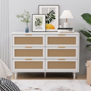 Dresser Rattan Cane Gold Hardware White Frame Six Drawer Cane Cabinet