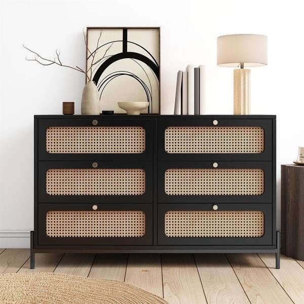 Dresser Rattan Cane Panels Matte Black Finish Black Rattan Dresser