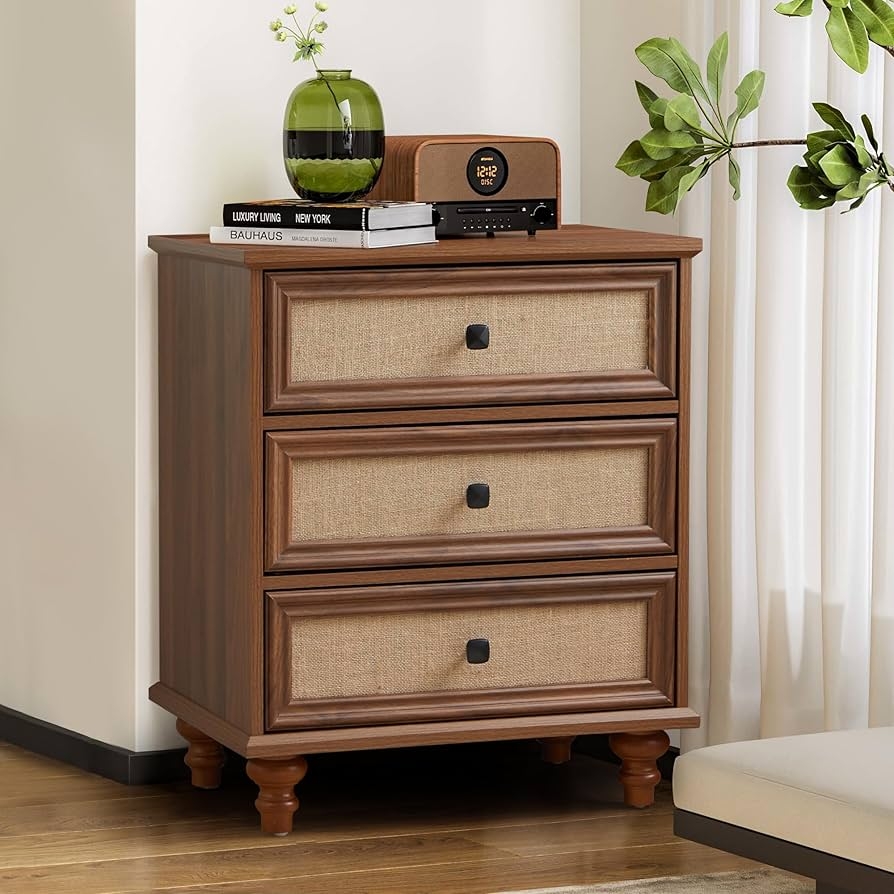 Dresser Walnut Wood Burlap Inlay Inset Panel Turned Legs