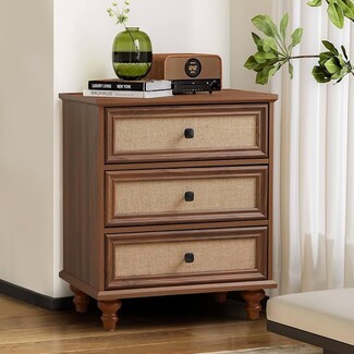 Dresser Walnut Wood Burlap Inlay Inset Panel Turned Legs