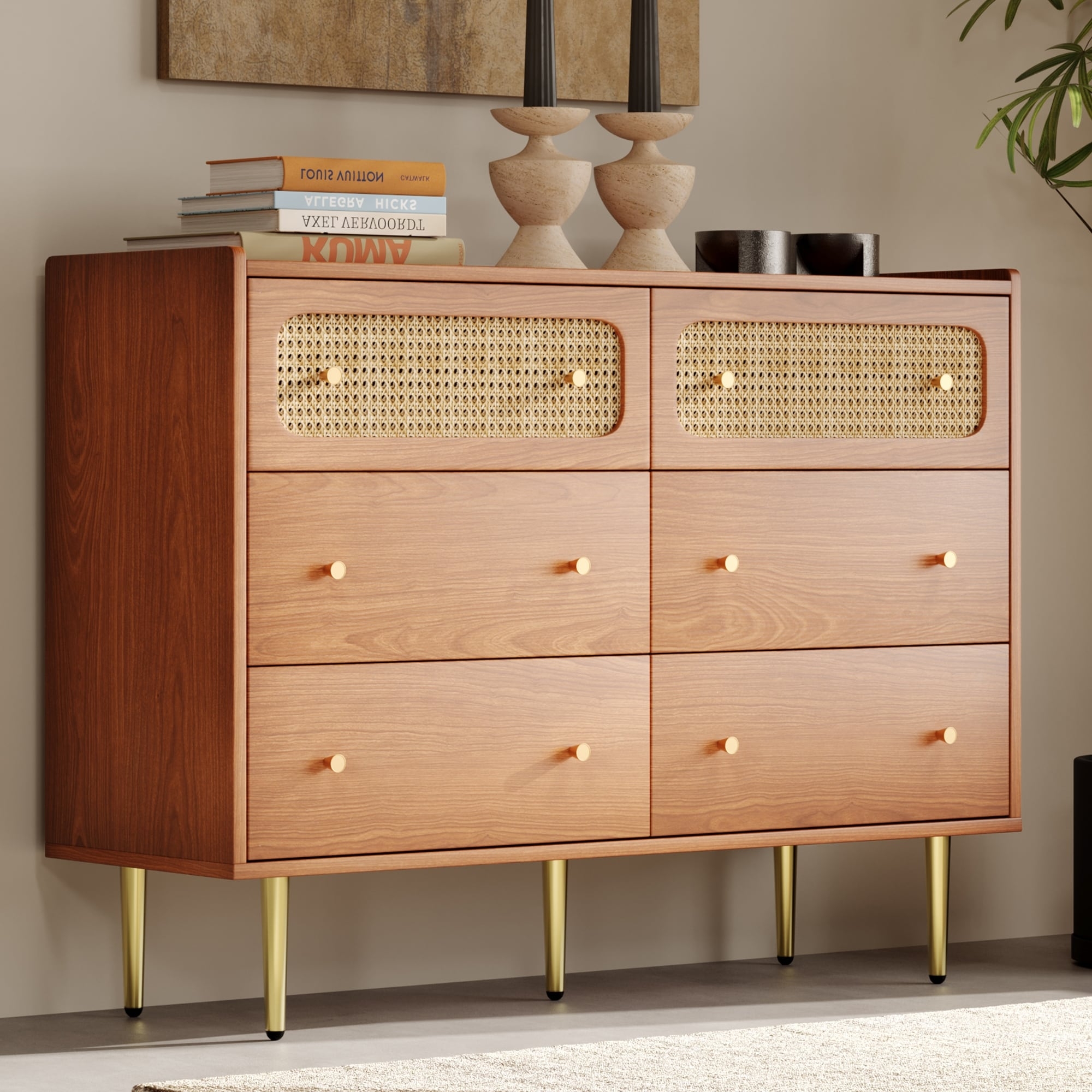 Dresser With Rattan Inlay Drawers Tapered Gold Leg Wood Dresser