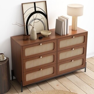 Dresser Woven Cane Fronts Walnut Wood Six Drawer Sideboard