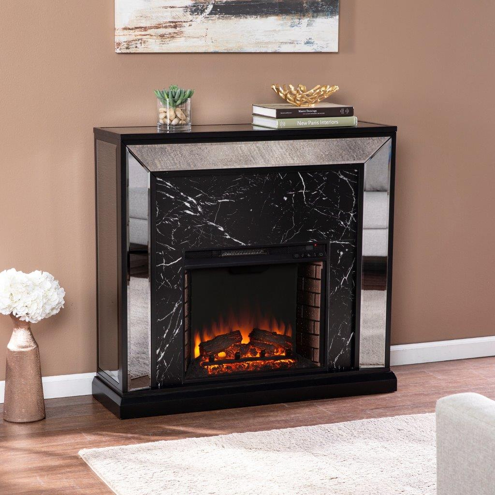 Electric Fireplace: Antique Silver Faux Marble Inlay Glamour Stand