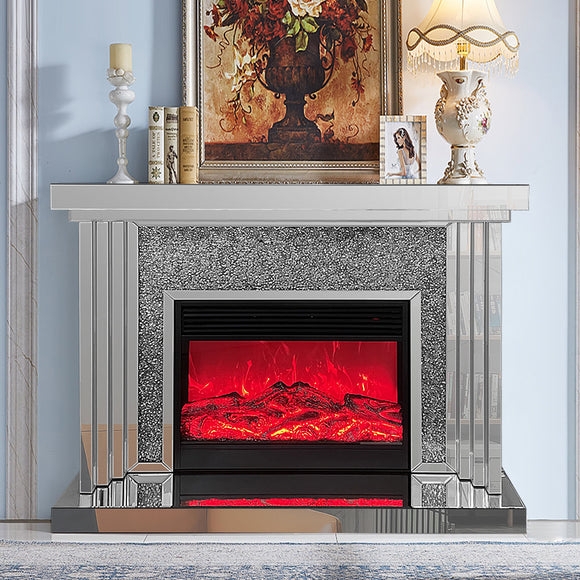 Electric Fireplace: Silver Crushed Glass Inlay Glam Mirrored Decor
