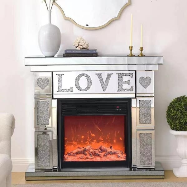 Electric Fireplace: Silver Love Lettering Heart Motifs Romantic Hearth