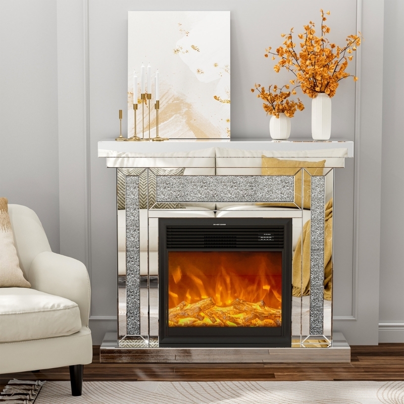 Electric Fireplace: Silver Mirror Crushed Diamond Inlay Glam Style