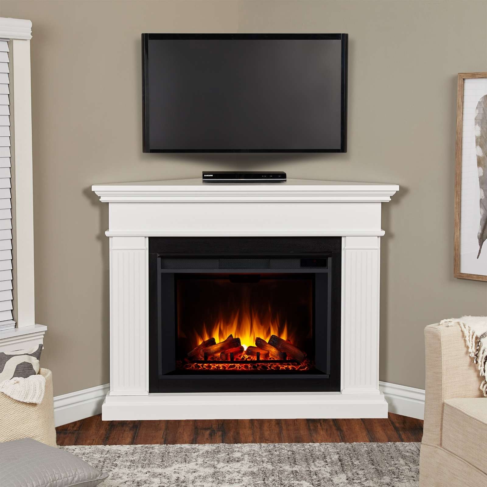 Electric Fireplace With Fluted Pilasters And Tiered Mantel