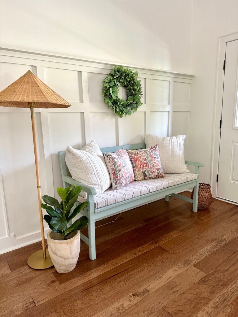 Entryway Bench in Mint Blue with Striped Seat Pad