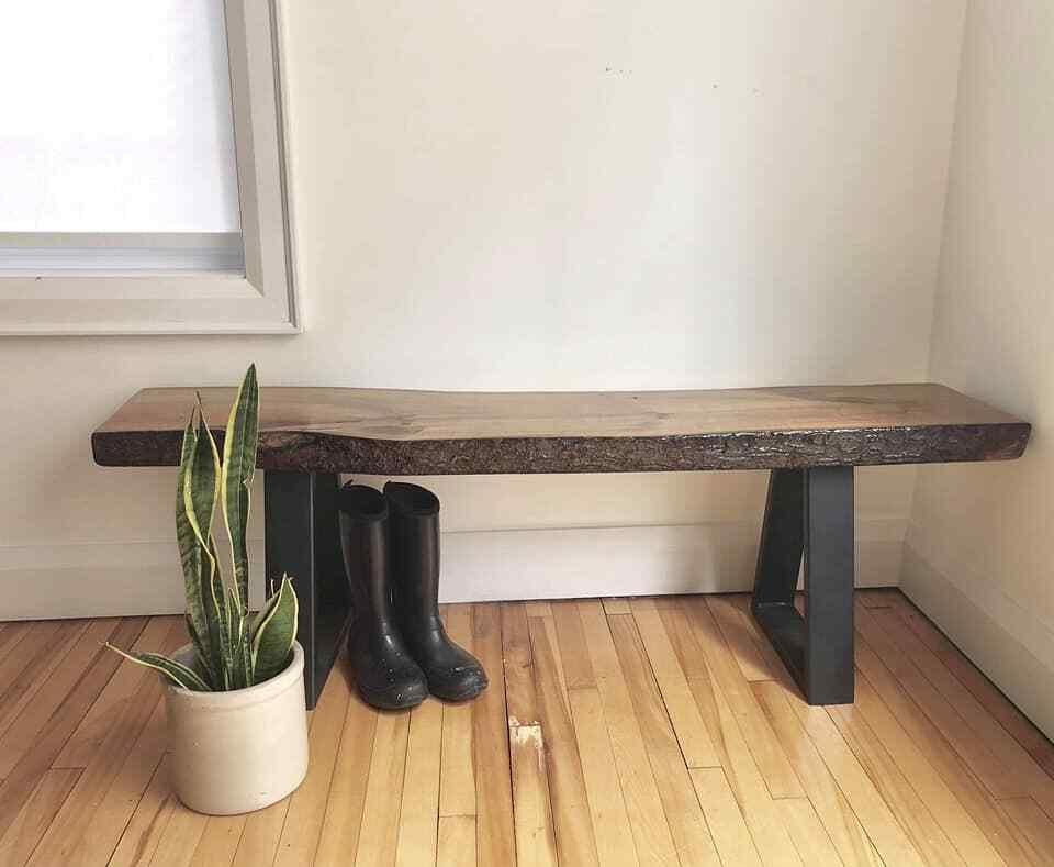 Entryway Bench with Trapezoid Legs and Rustic Wood Slab