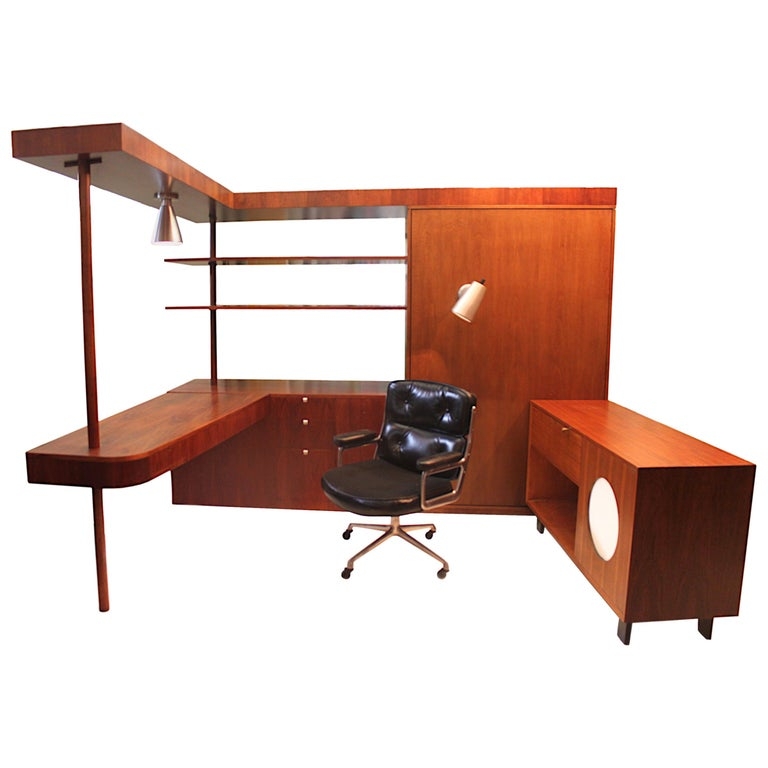 Executive Desk System Circular Motif Brown Support Poles Desk