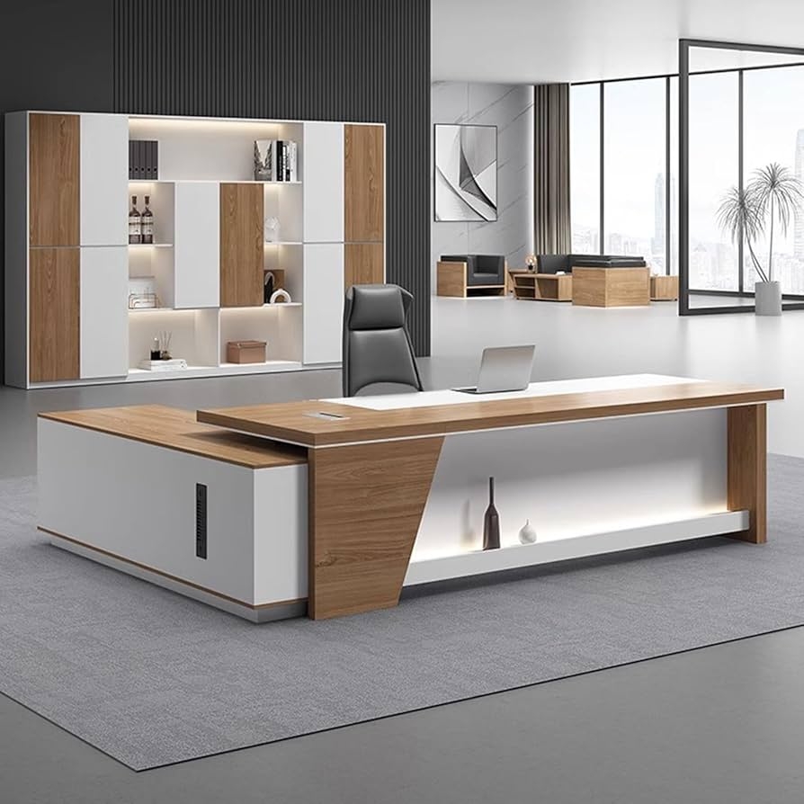Executive Desk White Walnut Panels Integrated LED Workstation