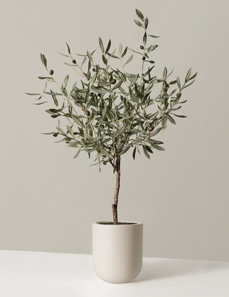Faux Olive Tree: Matte Cream Pot & Realistic Faux Fruit