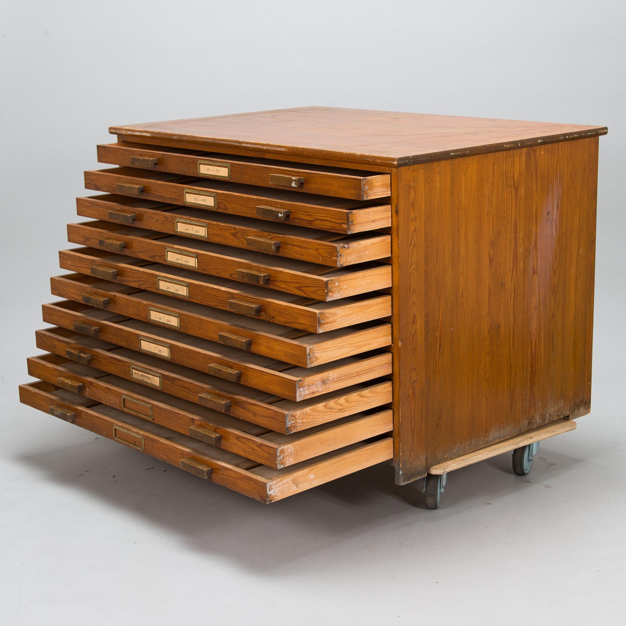 File Cabinet: Architectural File Cabinet with Rolling Wood Drawers