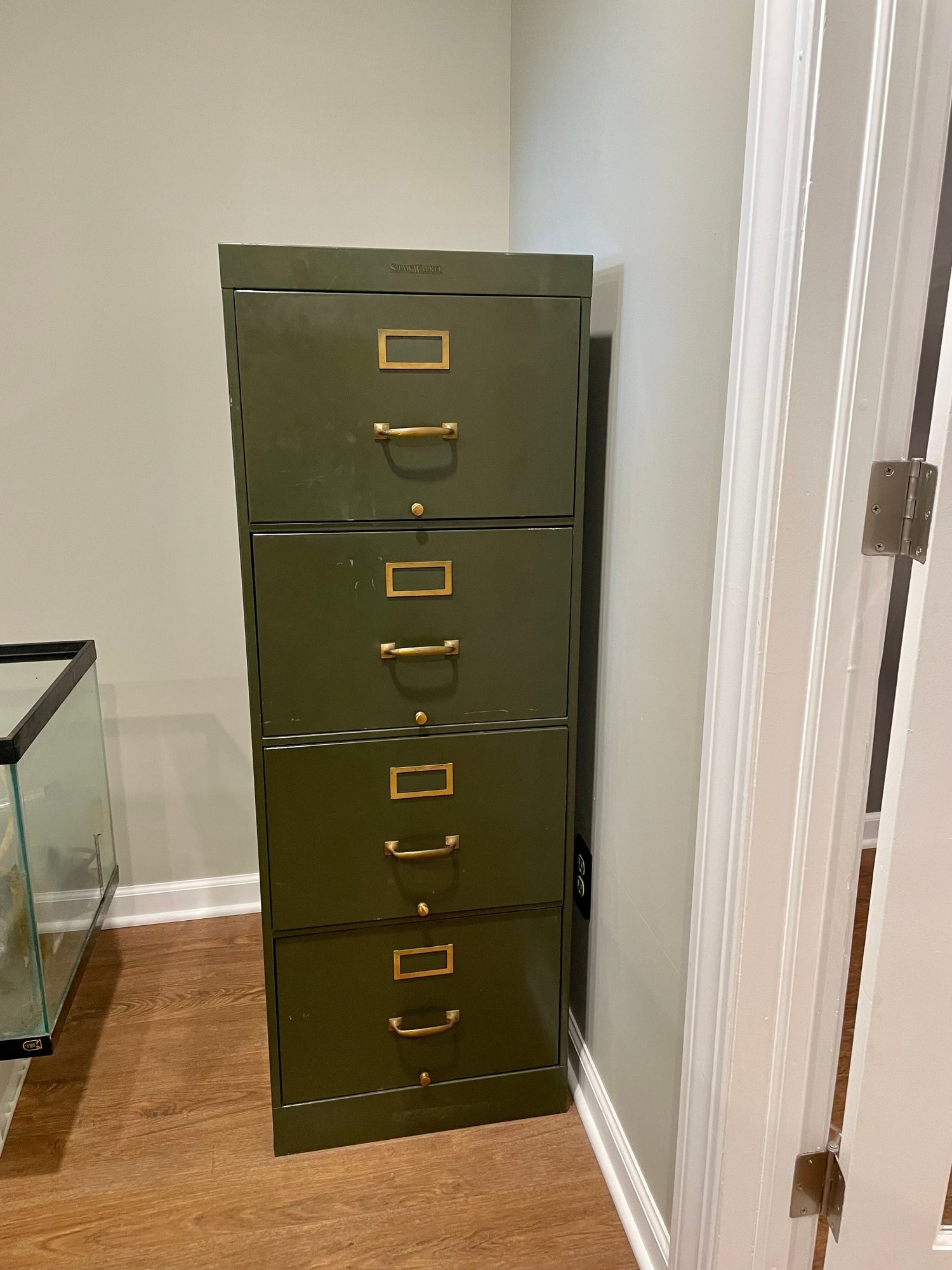 File Cabinet: Shaw Walker Industrial Green Vintage Brass Hardware