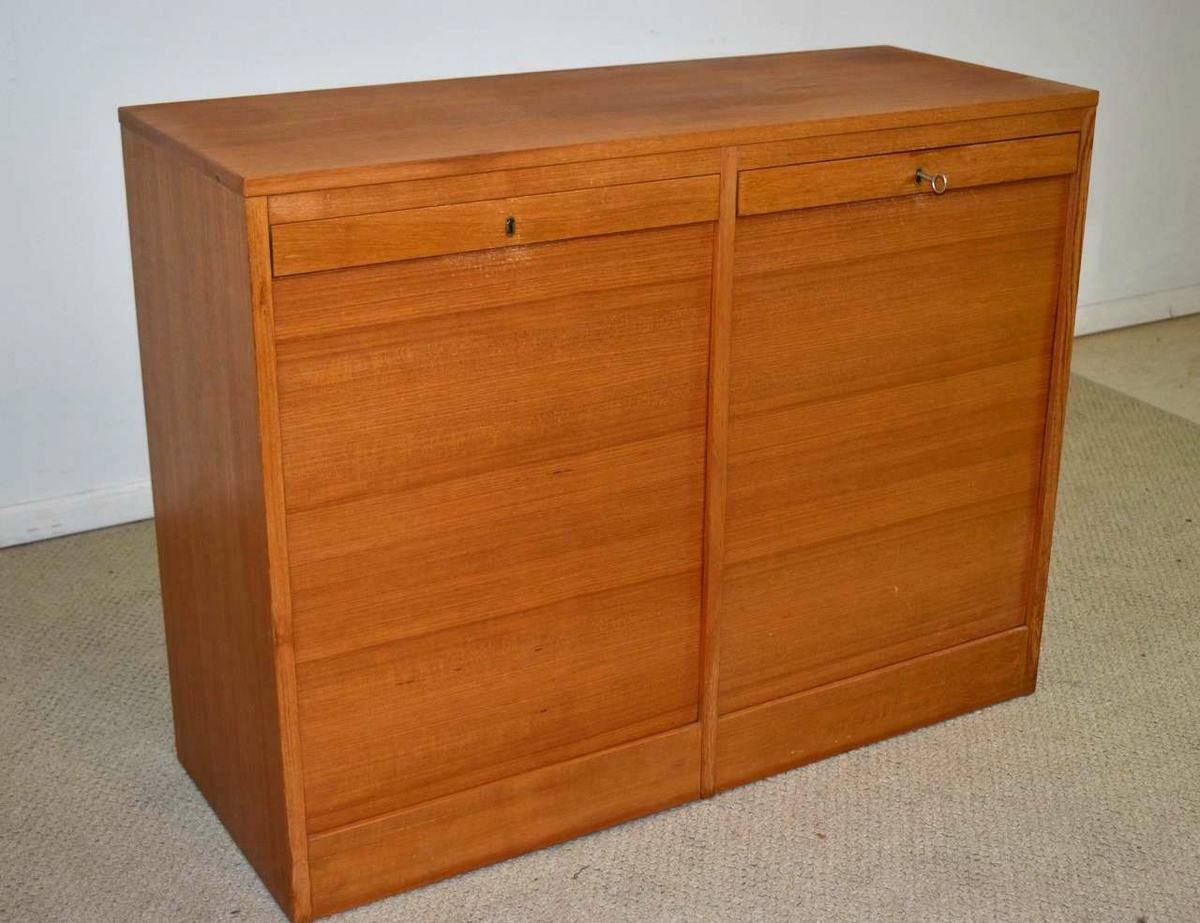 File Cabinet: Vintage Horizontal Slat Credenza with Teak Tambour Doors