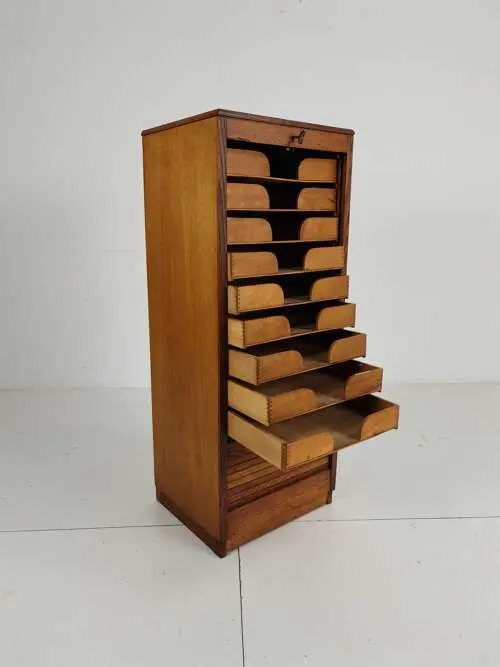 Filing Cabinet: Mid-Century Oak Archive Storage with Tambour Shutter