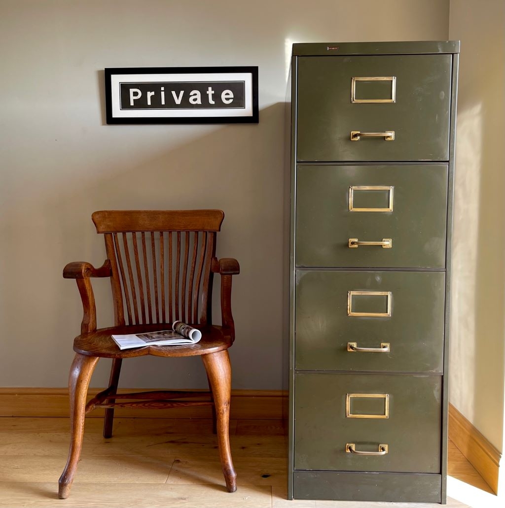 Filing Cabinet: Olive Green Metal Storage with Brass 4 Drawer Unit