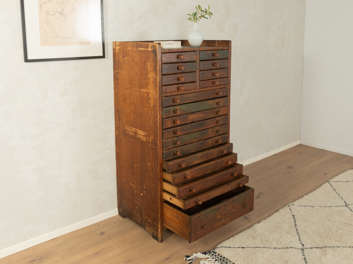 Filing Cabinet: Rustic Apothecary Chest with Weathered Multi-Drawers