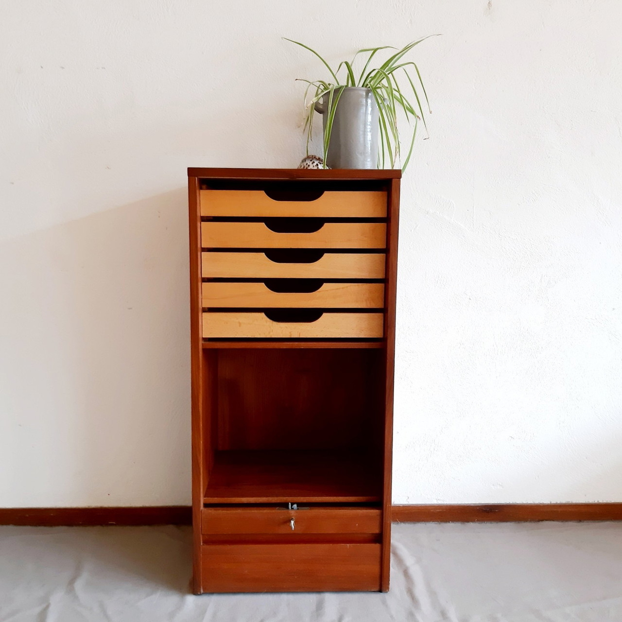 Filing Cabinet: Scandinavian Scoop Handle Drawer Cabinet with Niche