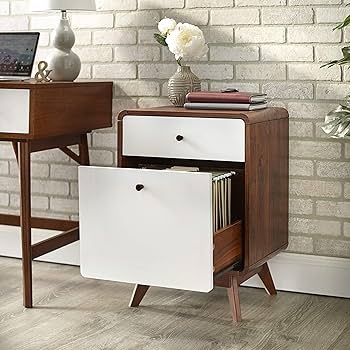 Filing Cabinet: Two Tone White and Walnut MCM File Cabinet Storage