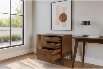 Filing Cabinet: Walnut 3 Drawer File Cabinet with Slatted Wood Panel