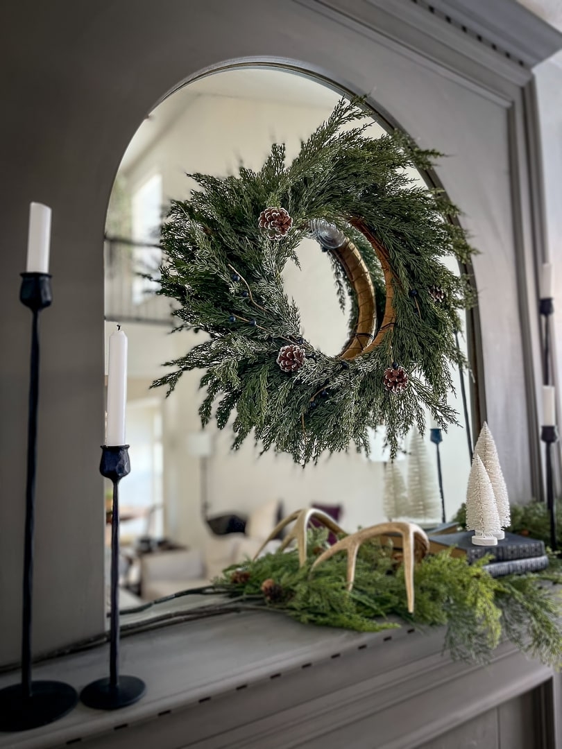 Fireplace Mantel: Charcoal Arched Wood Overlay Winter Greenery Decor