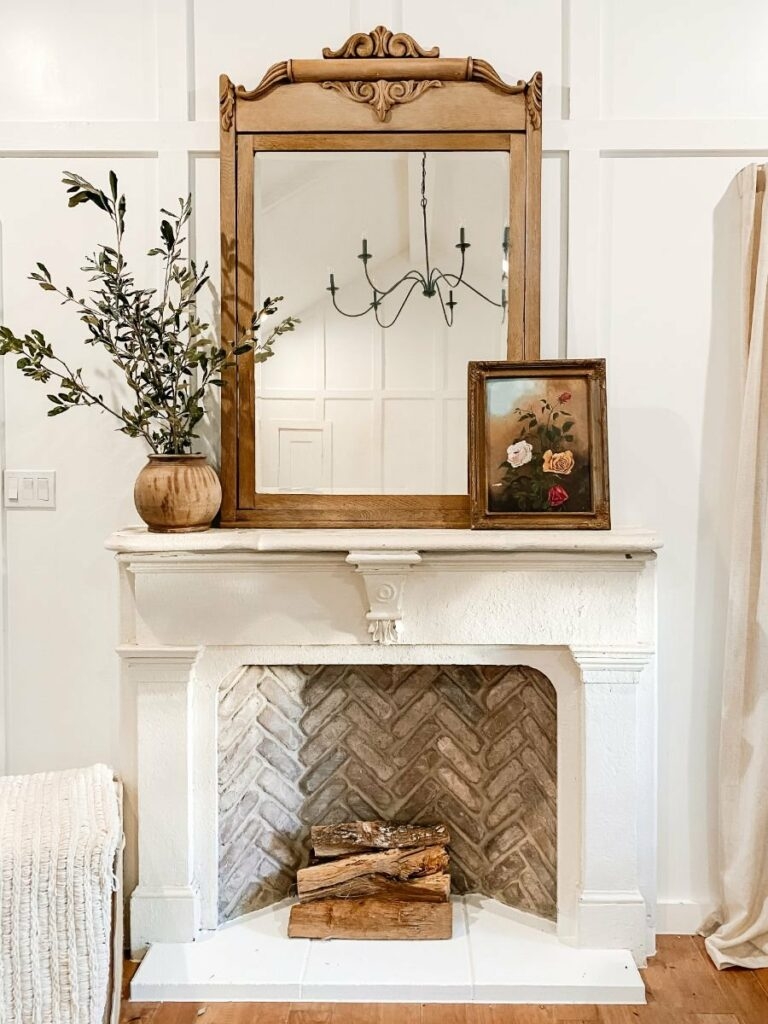 Fireplace Mantel: Creamy White Herringbone Brick French Country Style