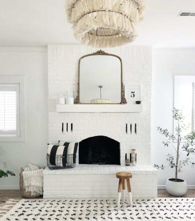 Fireplace Mantel: Fringe Chandelier Dipped Leg Stool Boho Farmhouse