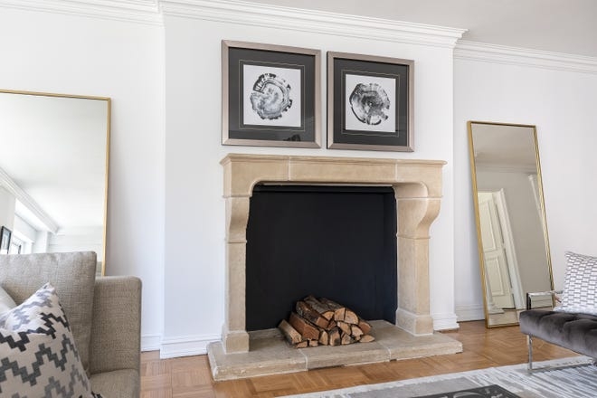 Fireplace Mantel: Leaning Mirrors Tree Ring Art Stone Mantel Styling