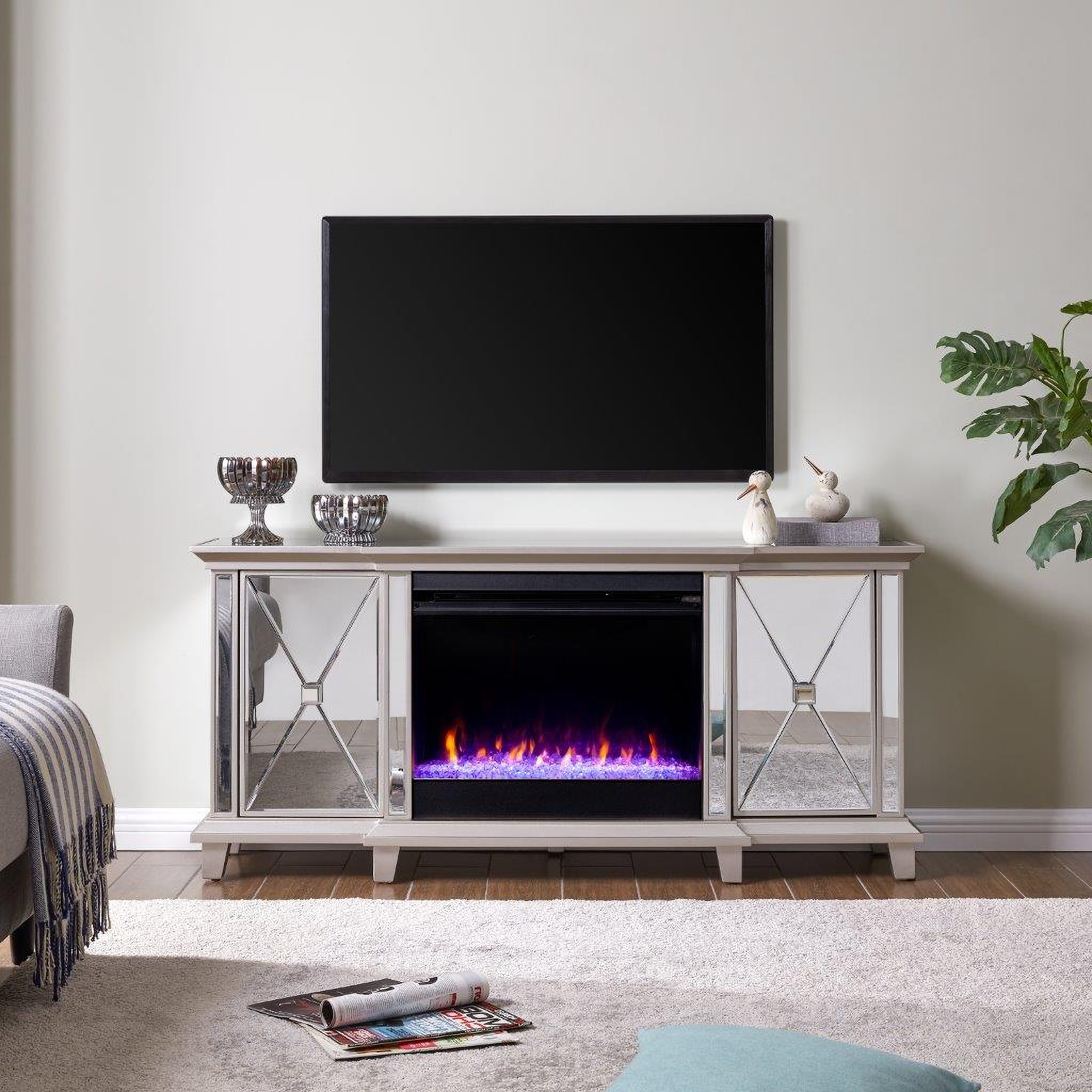 Fireplace Media Console with X-Molding & Crystal Ember Fireplace