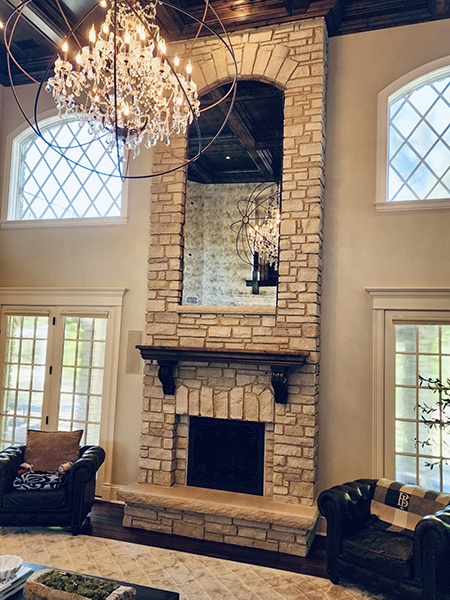 Fireplace Mirror: Antique Glass Texture Arched Stone Recess Install