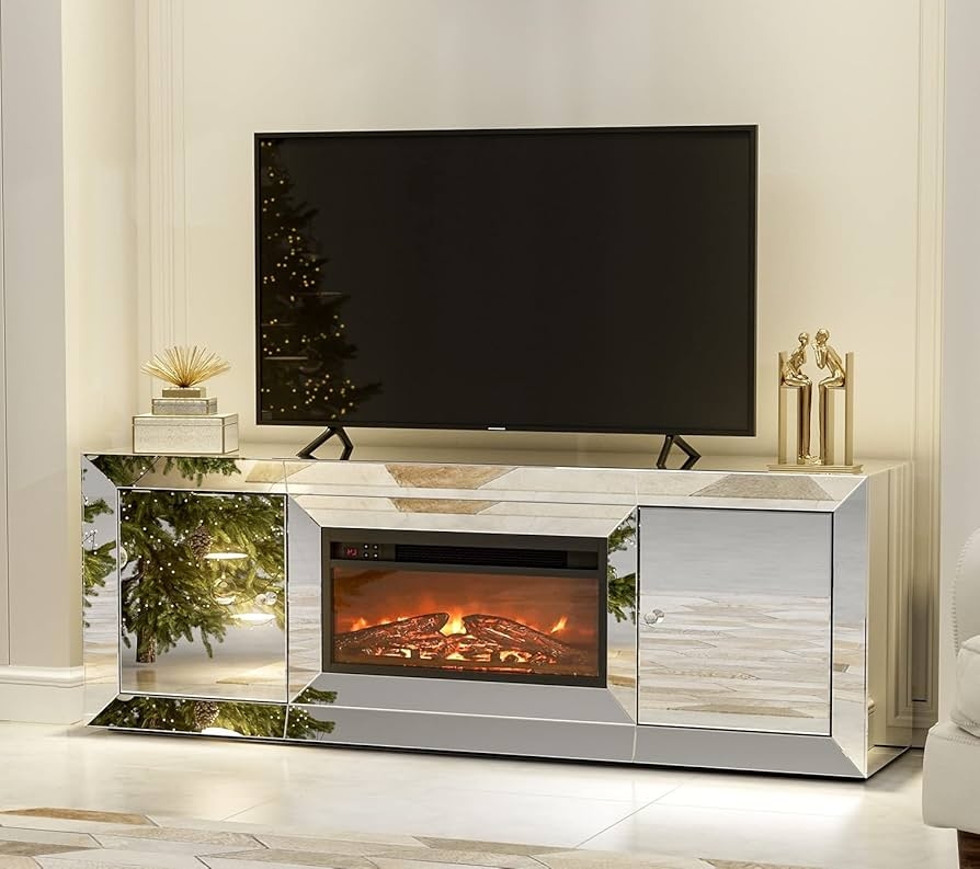 Fireplace Tv Stand containing Beveled Mirrors & Silver Media Unit
