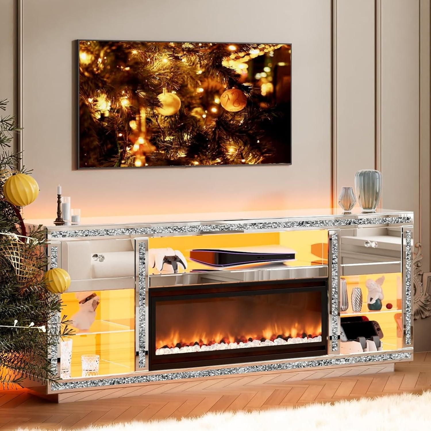 Fireplace Tv Stand displaying Glass Shelves & LED Media Center