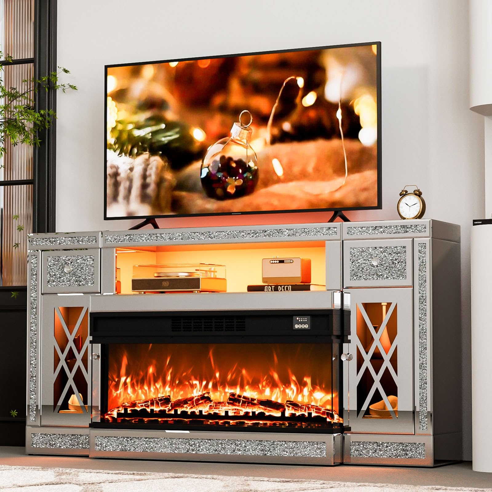 Fireplace Tv Stand having Lattice Doors & Reflective TV Cabinet