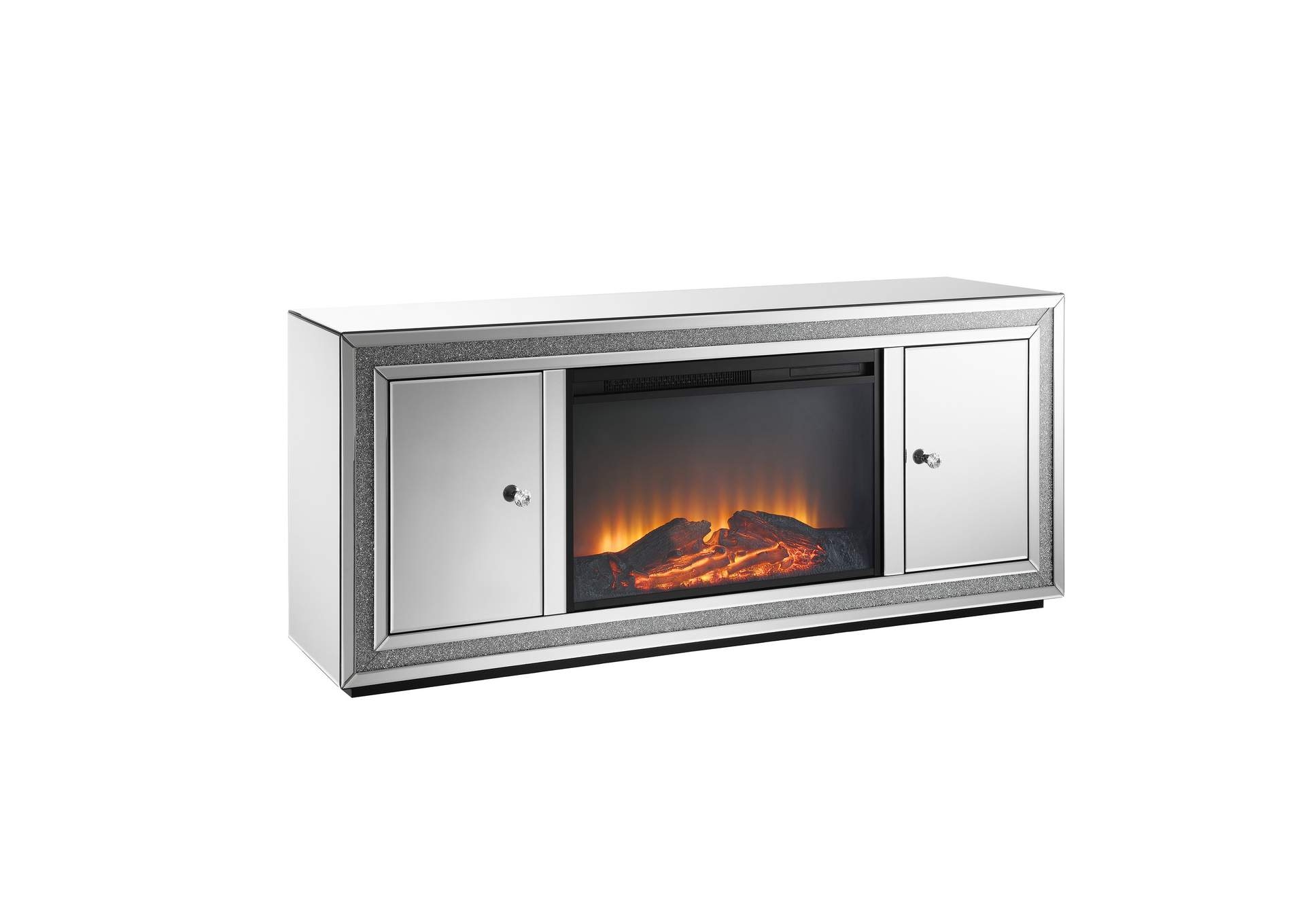Fireplace Tv Stand highlighting Crushed Glass Border & Silver Heater