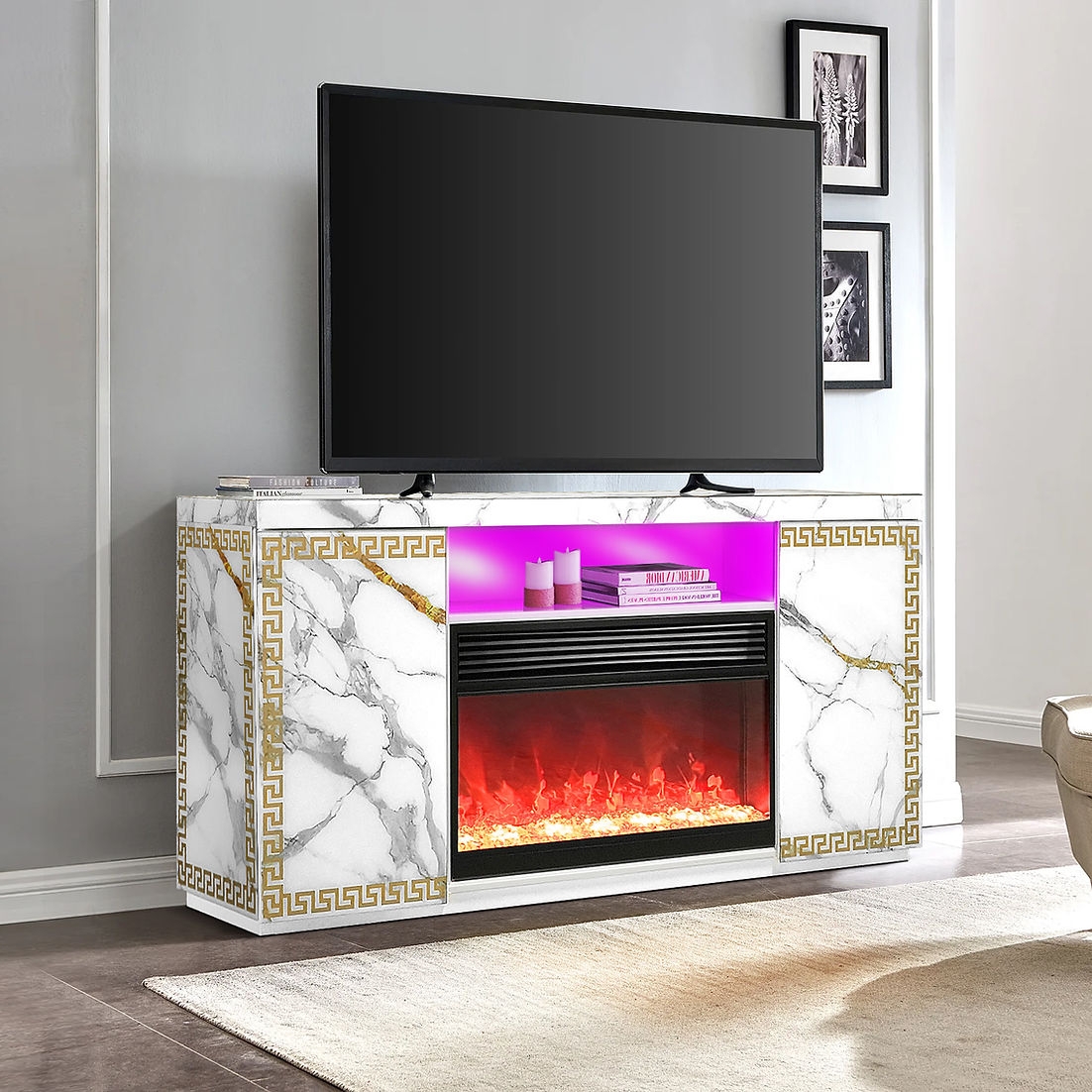 Fireplace Tv Stand incorporating Greek Key Border & Marble Stand
