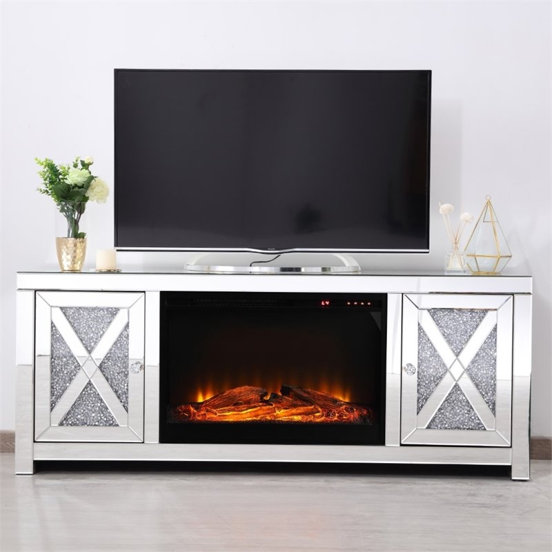 Fireplace Tv Stand offering Crushed Crystal Inlay & Silver Console