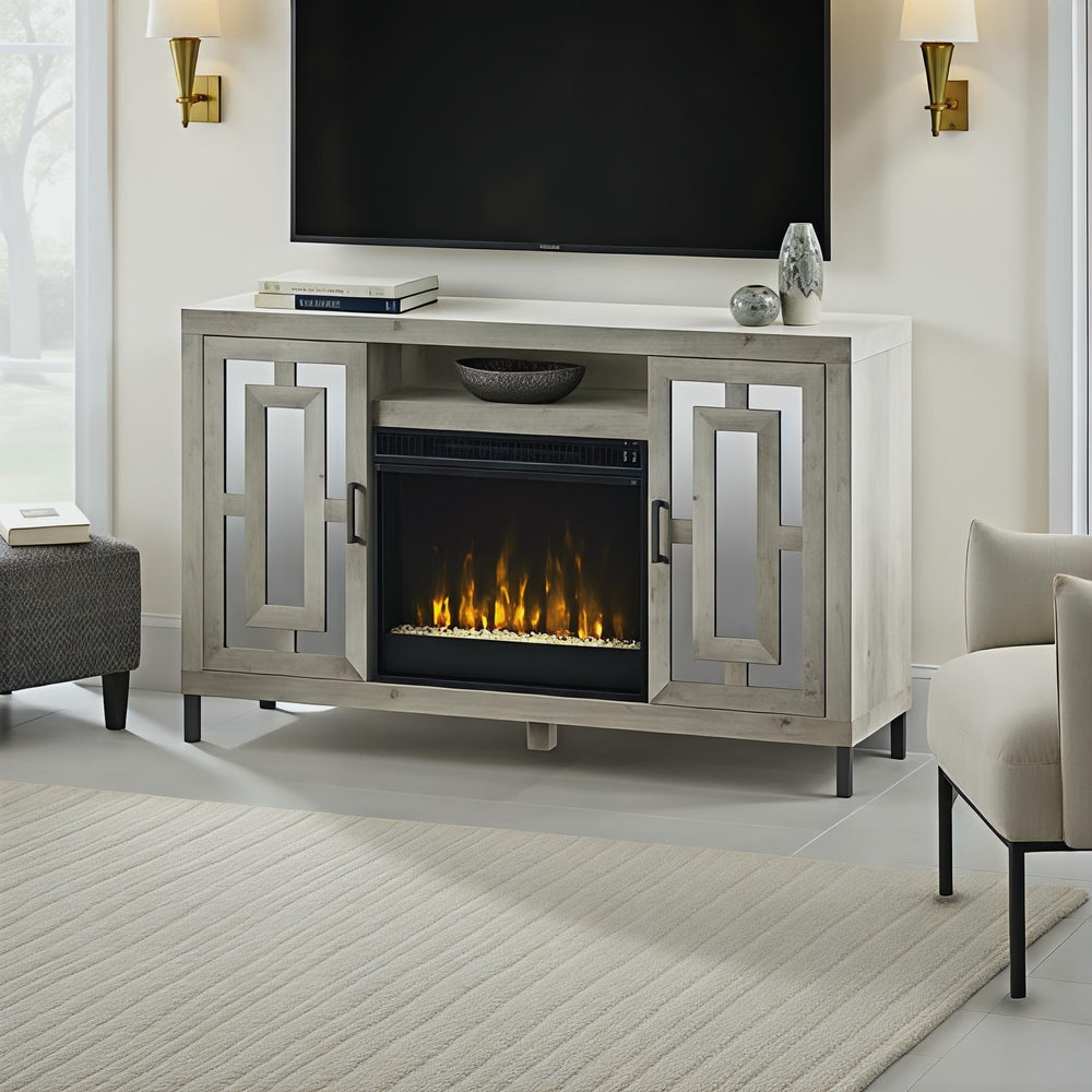 Fireplace Tv Stand possessing Mirrored Fretwork & Weathered Pine