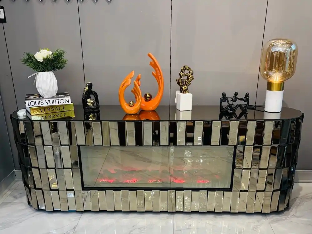 Fireplace Tv Stand presenting Bronze Mirrored Tiles & Brick Unit
