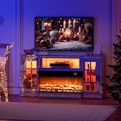 Fireplace Tv Stand providing Glass Cabinets & Reflective Console