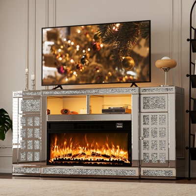 Fireplace Tv Stand utilizing Mirrored Panels & Modern Silver Mantel