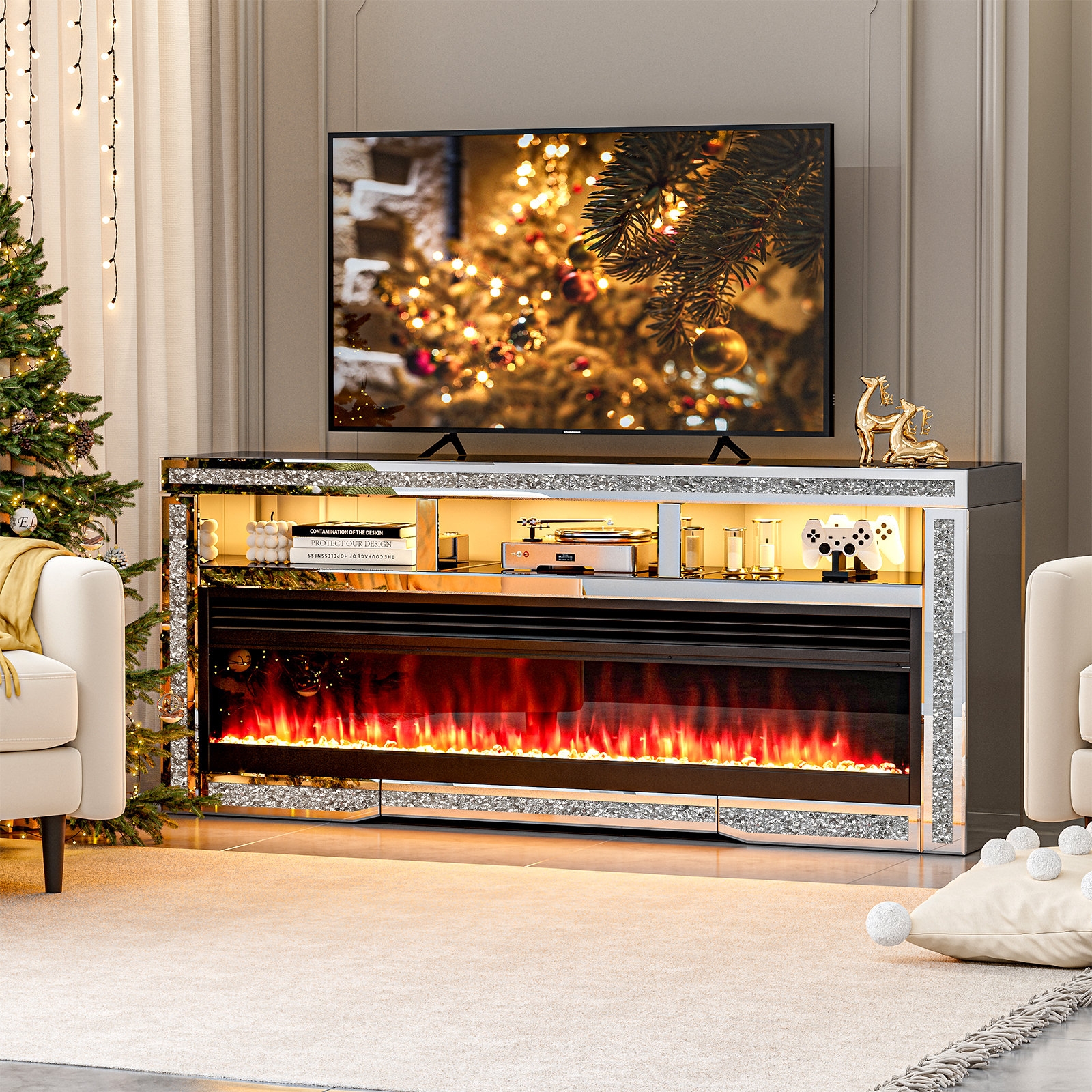 Fireplace Tv Stand with Crushed Diamond Inlay & Luxury LED TV Stand