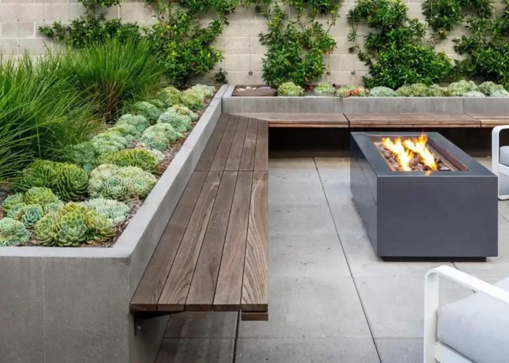 Floating Bench with Modern Concrete Planter Seating and Fire Feature