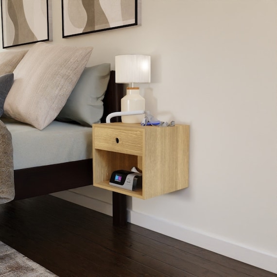 Floating Nightstand Finger Pull Drawer Light Oak Small Space