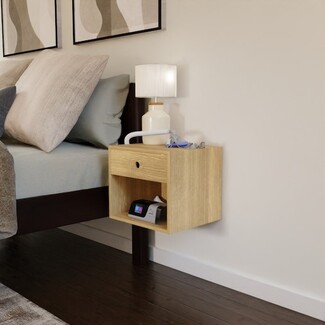 Floating Nightstand Finger Pull Drawer Light Oak Small Space