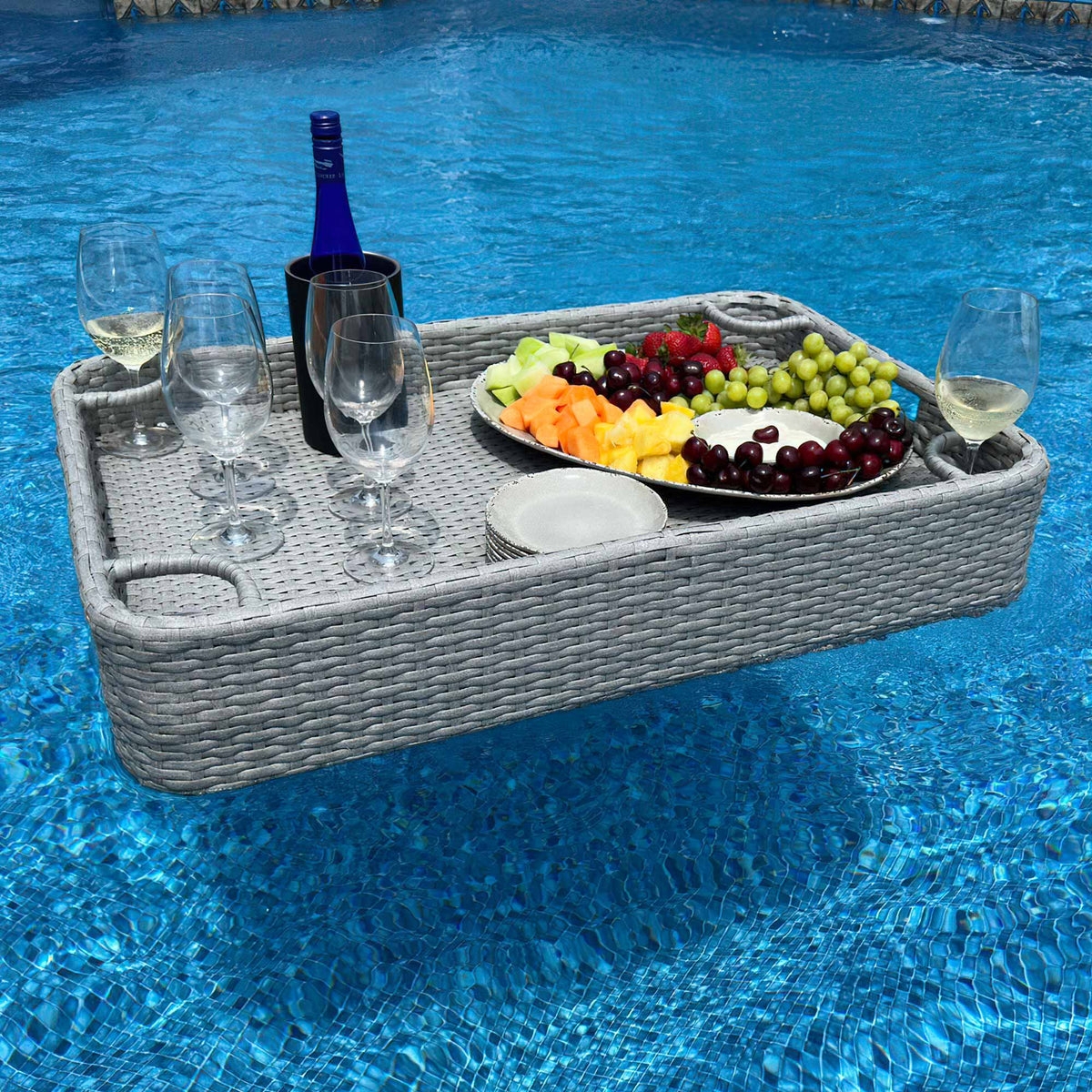 Floating Pool Tray Grey Recessed Drink Slots Woven Server