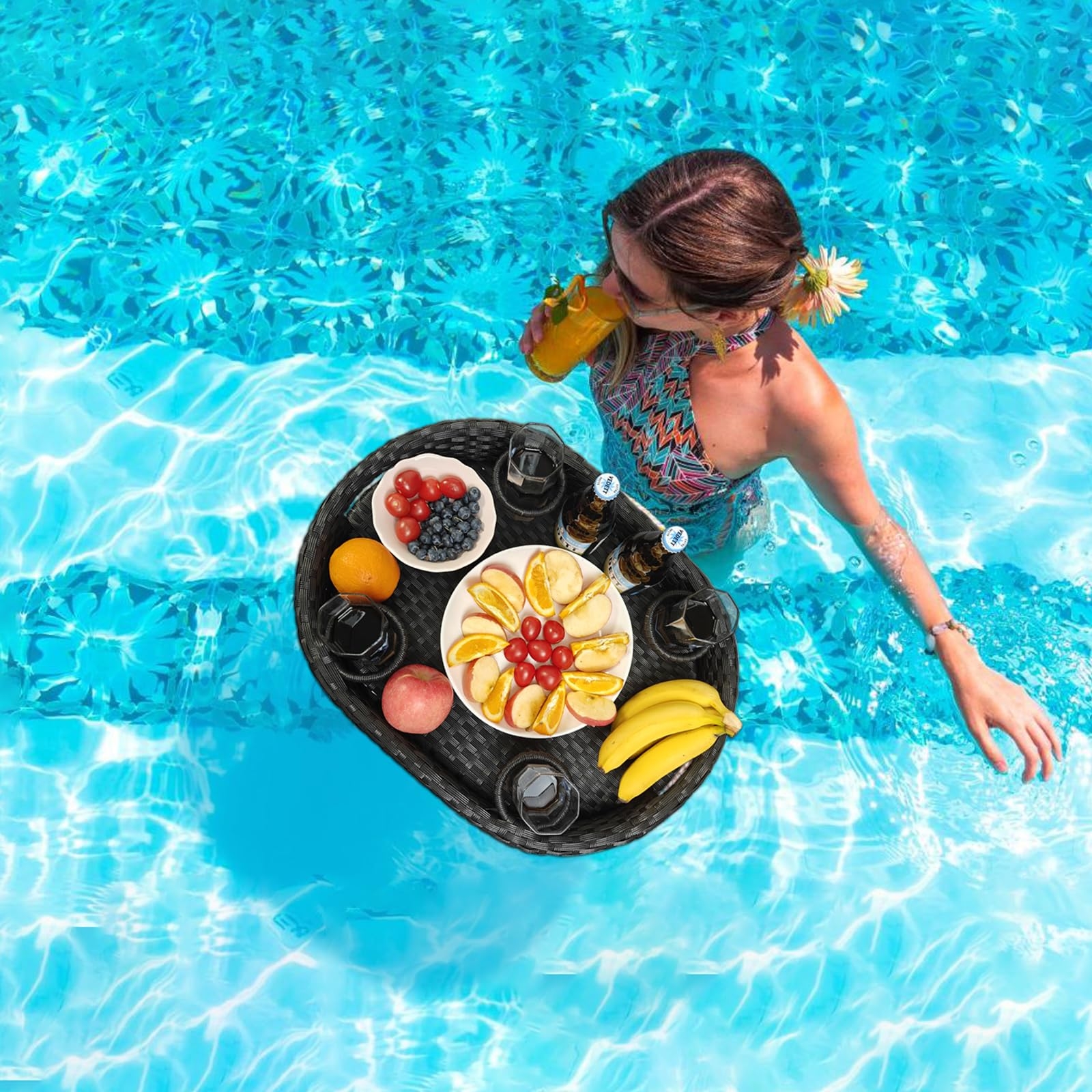 Floating Pool Tray Oval Recessed Compartments Black Wicker