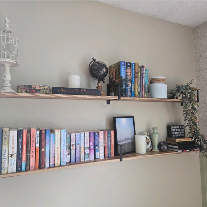 Floating Shelves: Thin Metal Brackets Burnt Wood Wall Shelf